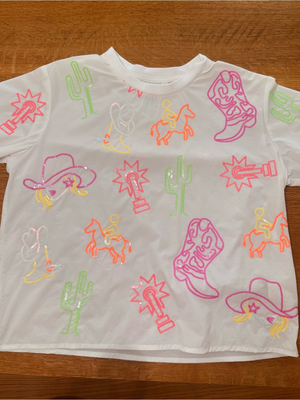 QUEEN OF SPARKLES White Tee with Neon Western Embroidery